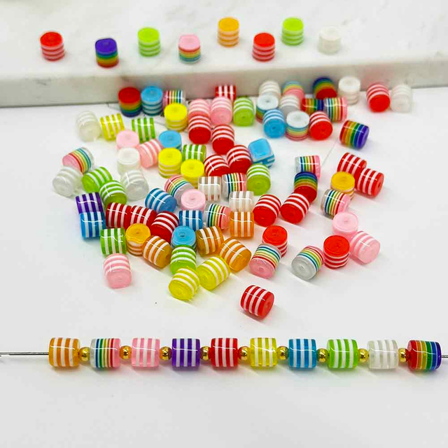 Fiasrel 50/100pcs 8mm Cylinder Acrylic Striped Beads for Jewelry Making DIY Charm Bracelet Necklace