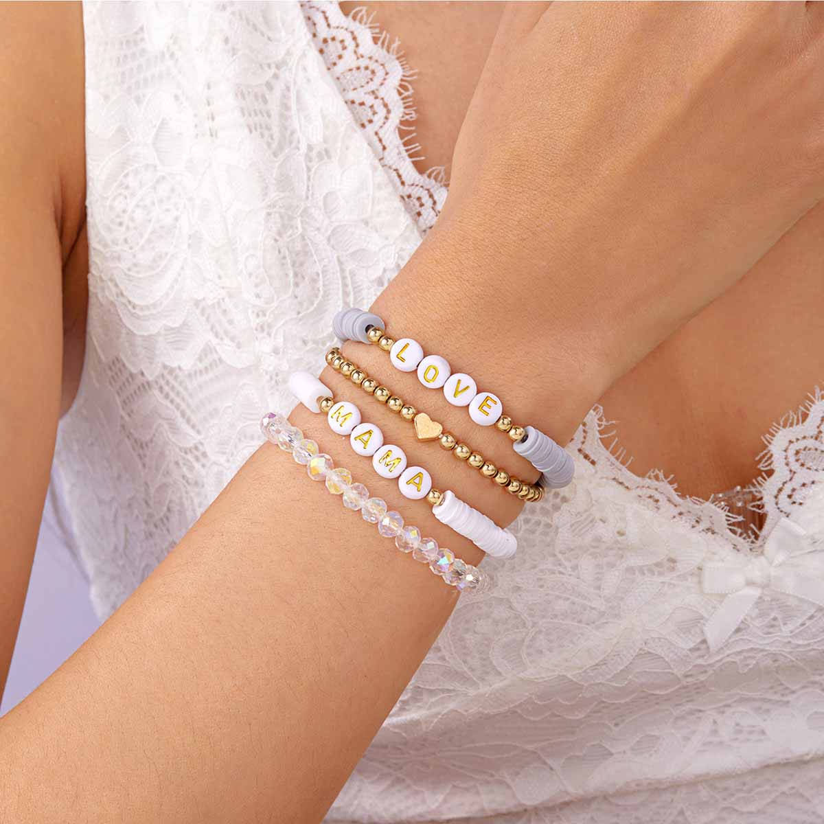 Fiasrel Mother's Day Gift Bohemian Style MAMA Pendant Clay Folded Bracelet Set 
