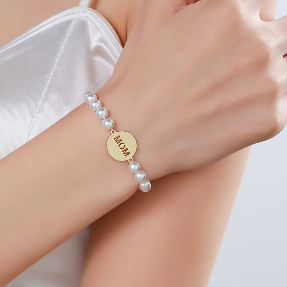 Fiasrel Stainless Steel Gold Plated Plate Engraved Name Bracelet Pearl Beaded Elastic Bracelets