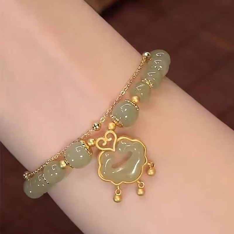 Fiasrel Fashion Retro Lotus Flower Jade Crystal Bracelet Female Lucky Jade Beaded Bracelet Jewelry
