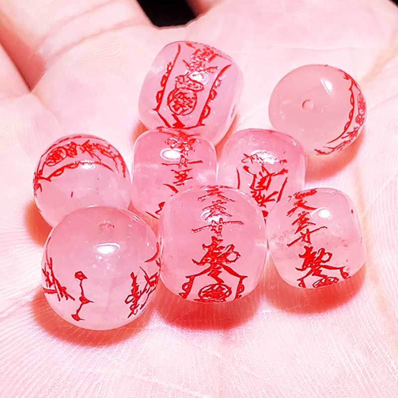 Fiasrel Natural Rose Quartz Celestial Maiden Harmony Beads | Love Destiny Engraved Charms | Peach Blossom Luck Jewelry Components with Double Happiness Motifs