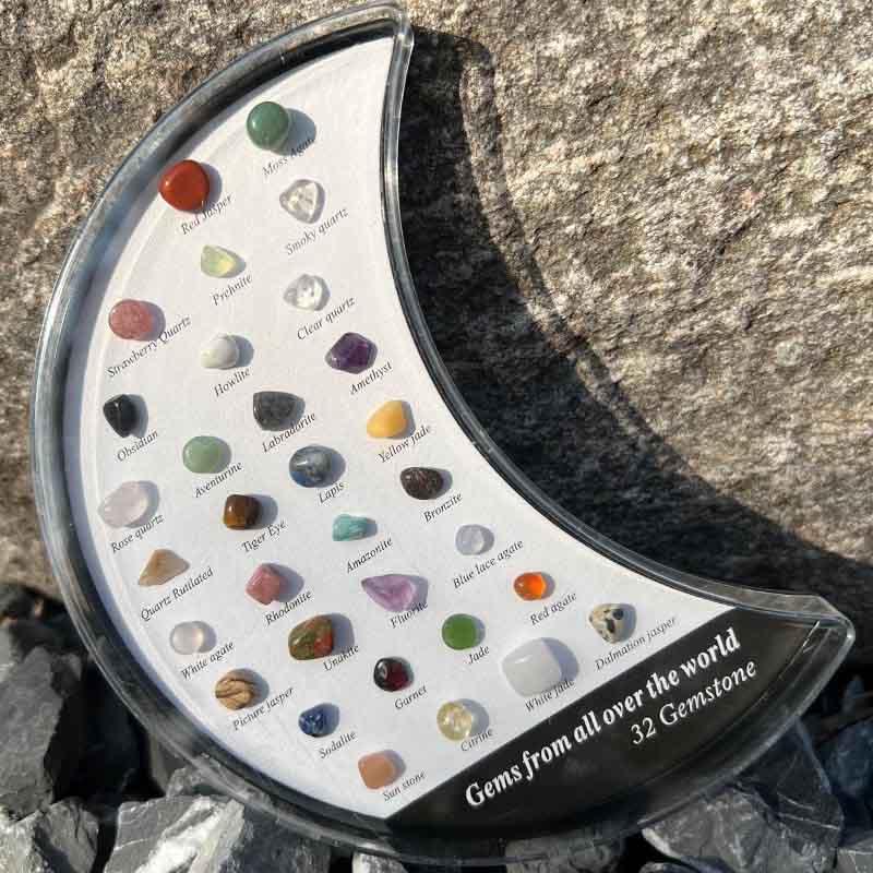 Fiasrel 32-Piece Moon-Shaped Mineral Collection – Natural Crystals, Agates & Gemstones for Geology Education & Christmas Gifting