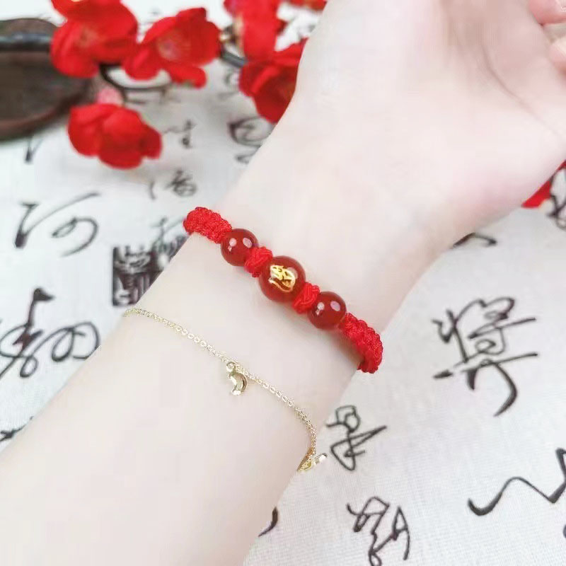 fiasrel Chinese Zodiac Lucky Beads Gold Foil Red Agate Birth Year Protection Beads Spiritual Jewelry Making Supplies Feng Shui Mala Beads for DIY Craft