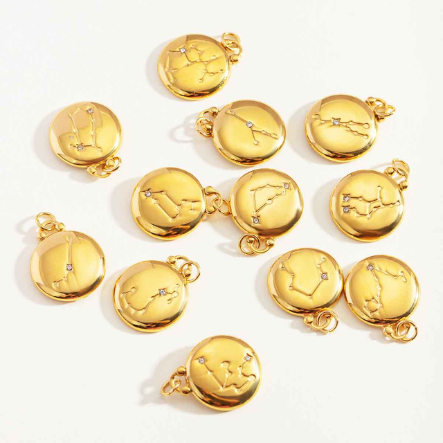 fiasrel 1bundle Stainless Steel Zodiac Charms – 18K Gold Plated Color-Preserving DIY Pendant/Titanium Steel Necklace