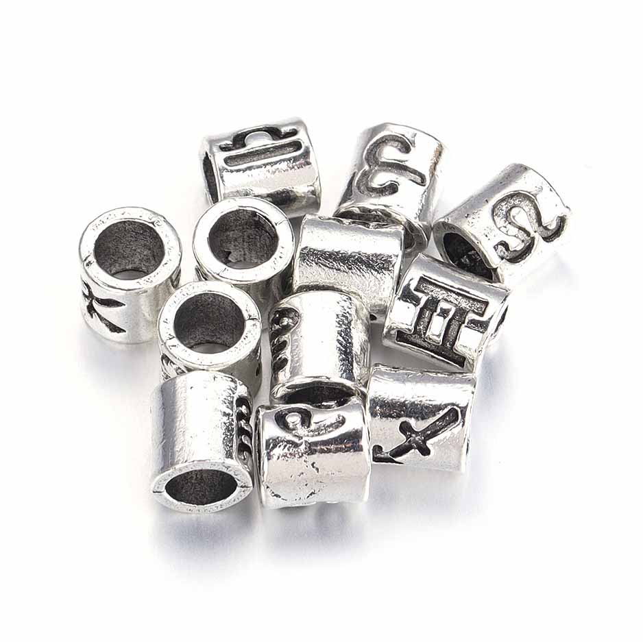 fiasrel 1bundle 60pcs/pack - 12 Zodiac Large Hole Beads for DIY Bracelet Spacer Beads, Antique Silver Plated Bead Accessories