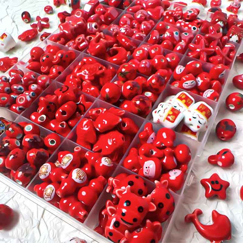 fiasrel 1bundle Vermillion Luck Chinese-Style Red Ceramic Beads Set for DIY Bracelets Cat, Fish, Turtle & Star Charms - Blue-and-White Porcelain Inspired