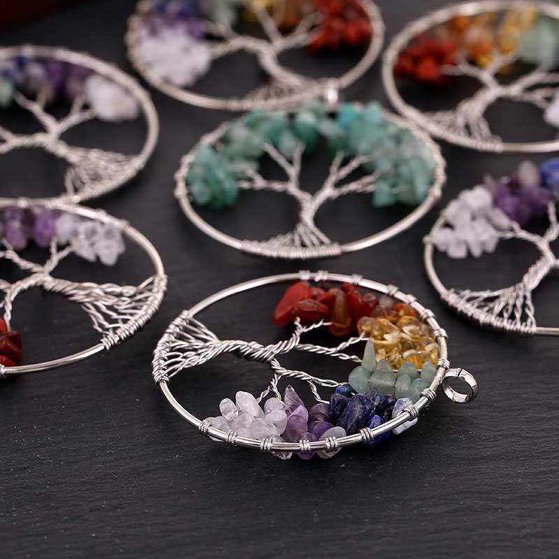 fiasrel Natural Stone Crystal Tree of Life Pendant - Colorful Wire Wrapped Money Tree Necklace DIY Jewelry Pendant Accessory