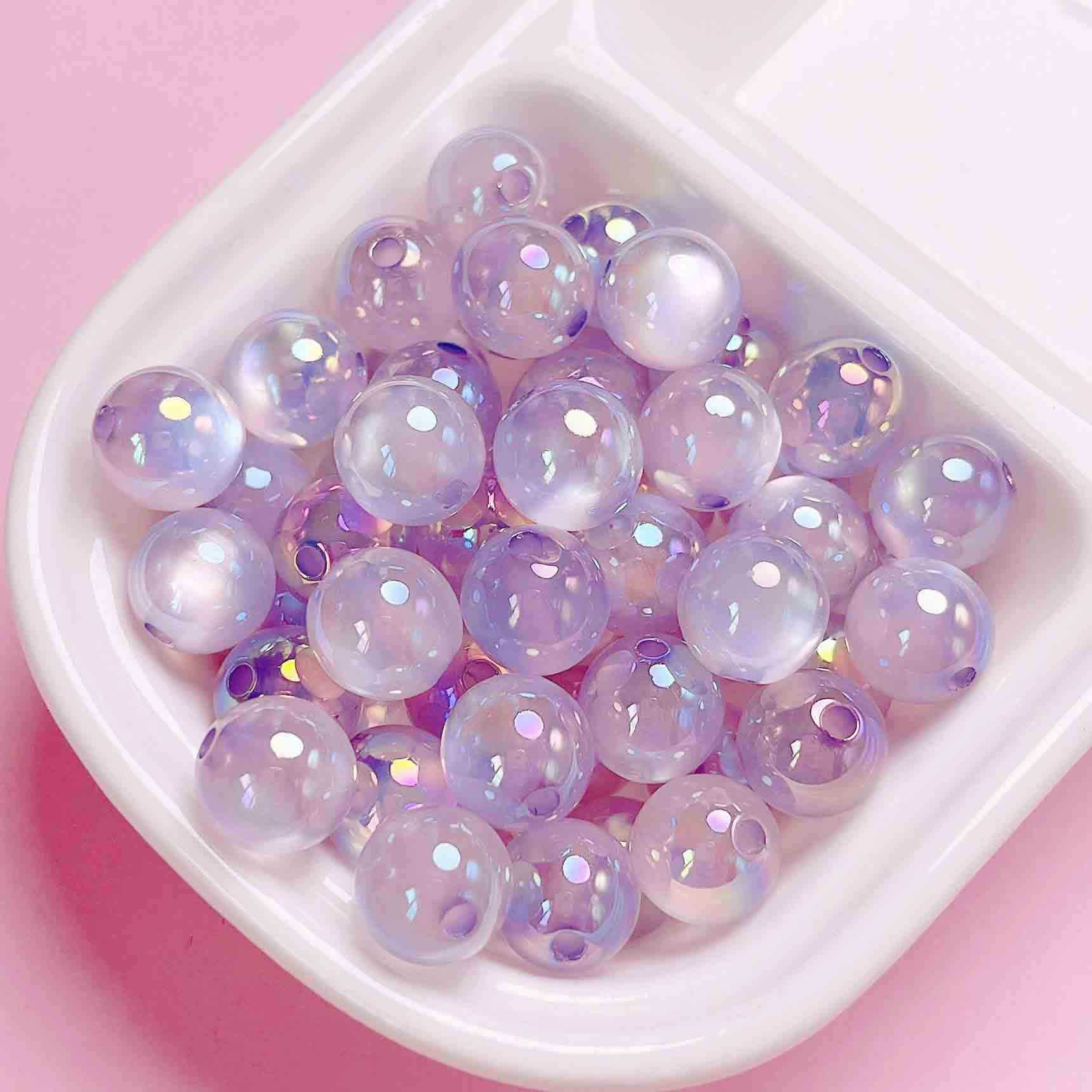 fiasrel 1bundle UV-coated Iridescent Jelly Cat's Eye Straight-hole Acrylic Round Beads for DIY Phone Straps Keychains & Accessories