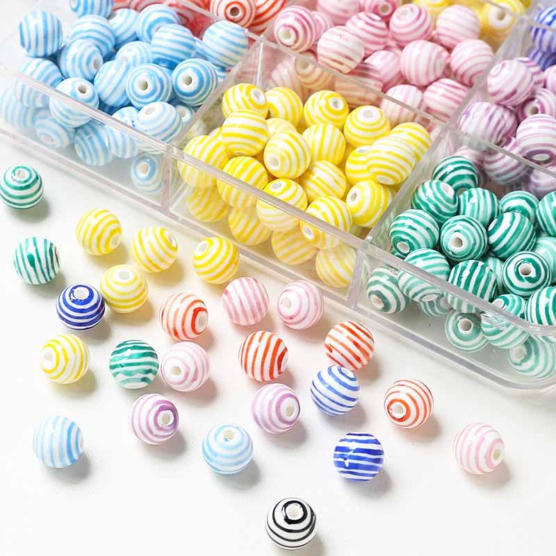 fiasrel 1bundle Playful Striped Color-Blocking Straight-Hole Round Ceramic Beads DIY Handmade Jewelry Supplies for Bracelets & Necklaces