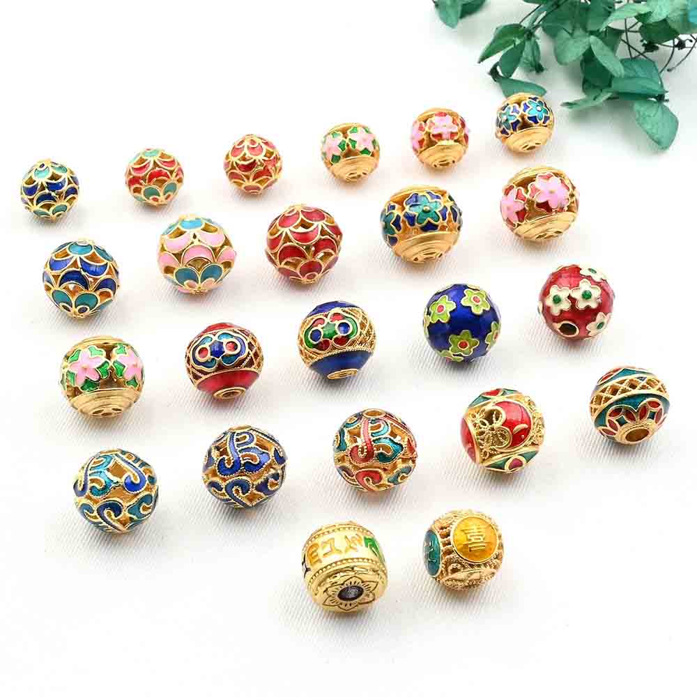 Ancient Gold-Enamel Cloisonné Beads – Hand-Painted Drip-Glaze Round & Barrel Spacer Beads with Through-Hole for DIY Necklaces/Bracelets
