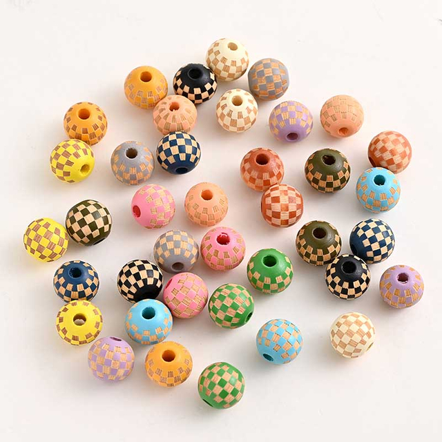 Fiasrel Carved Multi-Color Checkered Wooden Beads
