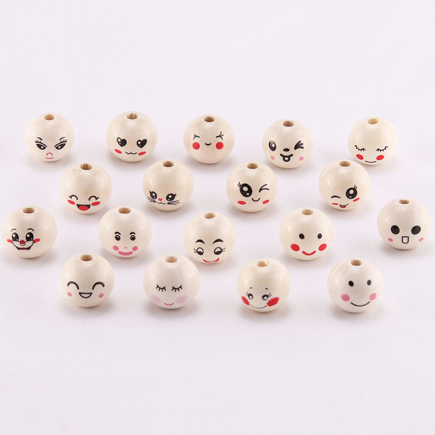 Fiasrel 100pcs 20mm Three-color smiley face wooden beads