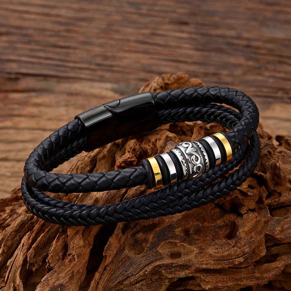 Fiasrel Men's Fashion Stainless Steel Multi-layer DIY Leather Bracelet Braided Rope Leather Titanium Steel Bracelet