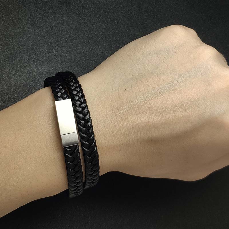 Fiasrel Vintage Double Layer Synthetic Woven Black Leather Magnetic Stainless Steel Wrap Bangle Bracelet for Men