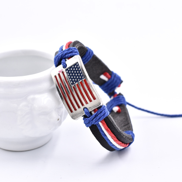 Fiasrel Adjustable American Flag Cowhide Woven Bracelet Red White And Blue Flag Wax Leather Bracelet