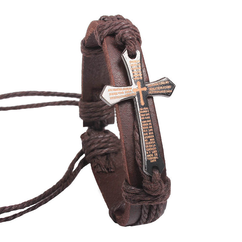 Fiasrel Mens Jewelry Scripture Cross Bracelet Jewelry Leather Woven Bracelet Couple Jewelry