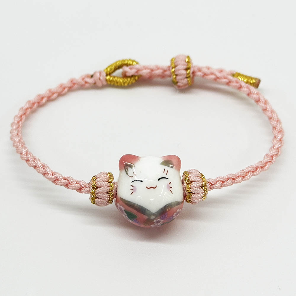 Fiasrel Lovely Colorful Lucky Cat Bracelet Simple Handmade Braid Rope Bracelet Cute Ceramic Cat Bracelet 