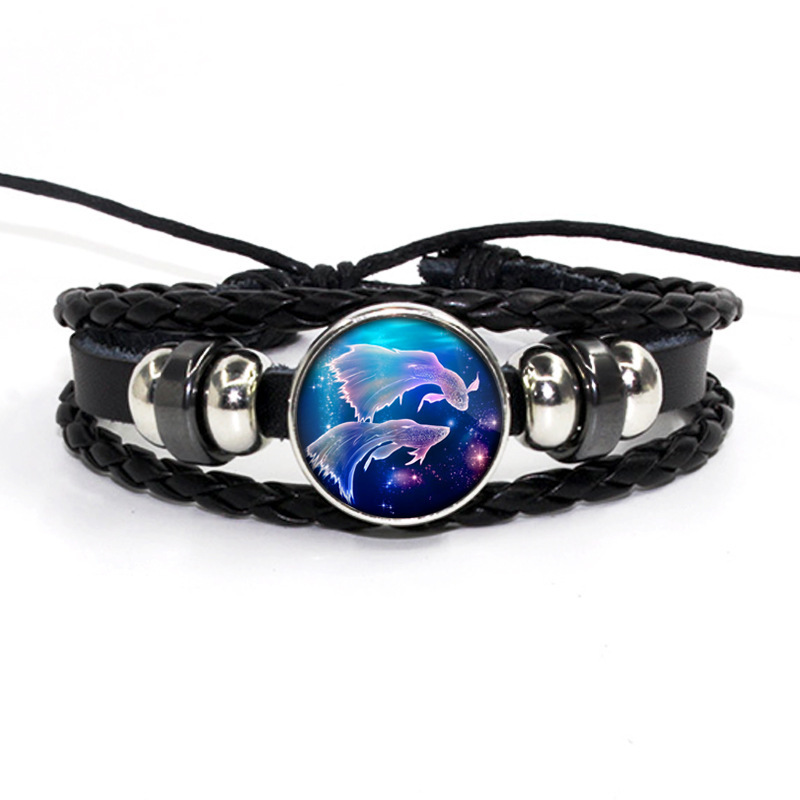 Fiasrel 12 Zodiac Signs Glow In Dark Charm Bracelet Men's and Women's Fashion Multi-layer Luminous Woven Leather Couple Bracelets