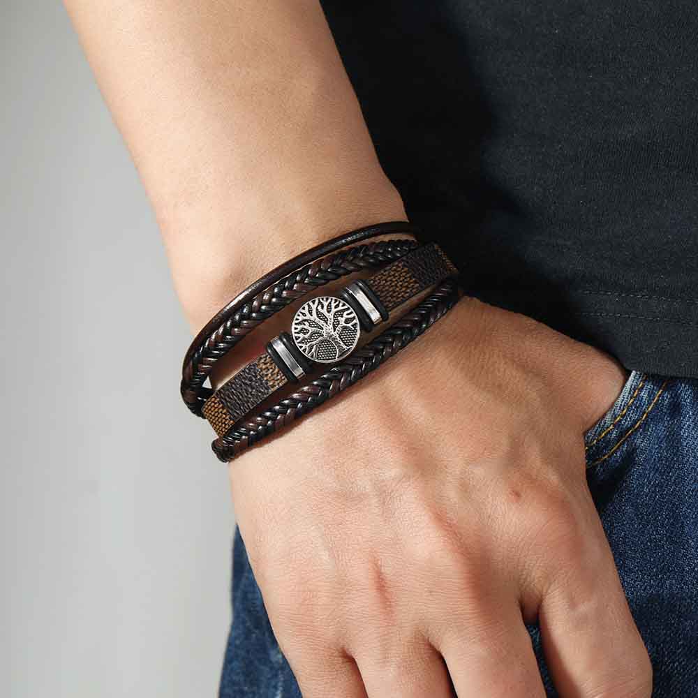 Fiasrel Magnetic Buckle Life Tree Accessories Mens PU Leather Bracelet Charms Luxury Jewelry Steel Bracelet