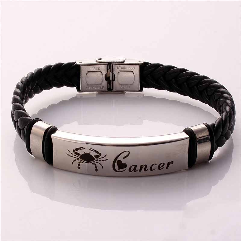Fiasrel Twelve Constellations Bracelet Adjustable Size Leather Woven Rope Stainless Steel Bracelet