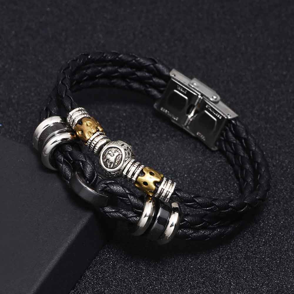 Fiasrel Jewelry Multilayer PU Braided Leather Rope Stainless Steel Beaded Bracelet 12 Zodiac Sign Bracelet