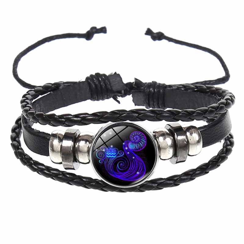 Fiasrel Adjustable Leather Night Light Luminous 12 Constellations Jewelry Zodiac Bracelet