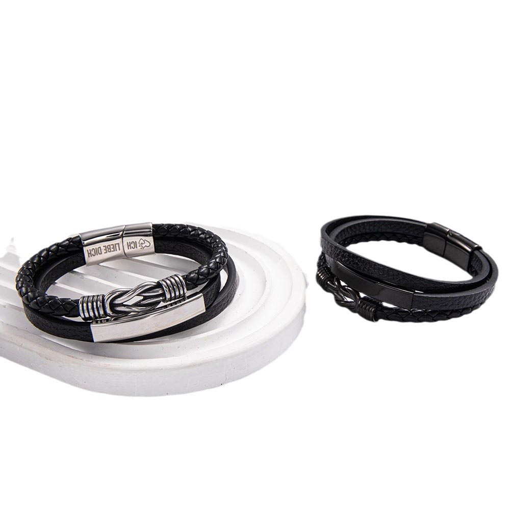 Fiasrel Stainless Steel Charm Leather Woven Vintage Creative Multi-layer Stainless Steel Bracelet with Magnet Clasp
