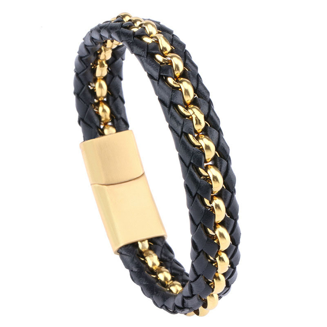 Fiasrel Vintage Charm Fashion Punk Black Braided Leather Bracelet Male Stainless Steel Bangle