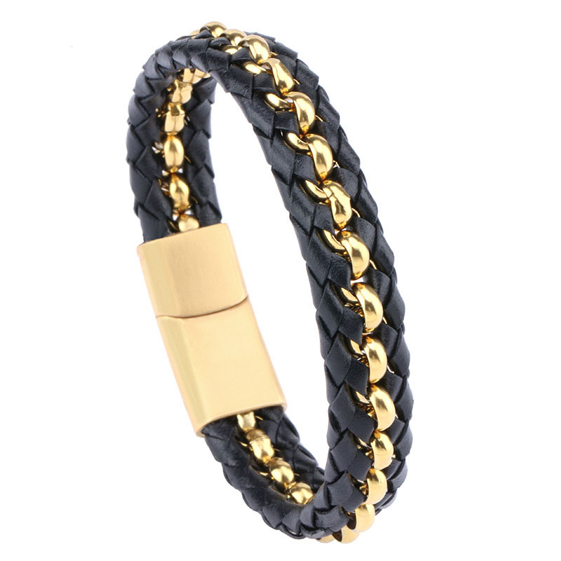 Fiasrel Vintage Charm Fashion Punk Black Braided Leather Bracelet Male Stainless Steel Bangle