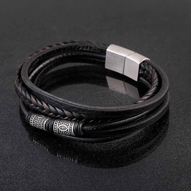 Fiasrel Multi Layer Vintage Pu Leather Bracelet Stainless Steel Spacer Beads Stackable Braided Leather Bracelet