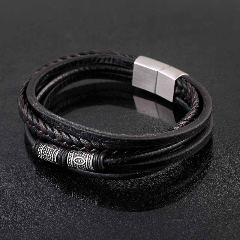 Fiasrel Multi Layer Vintage Pu Leather Bracelet Stainless Steel Spacer Beads Stackable Braided Leather Bracelet