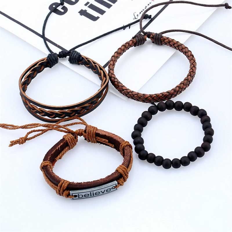 Fiasrel 4pcs/set Multi Layers Stone Beads Believe Braided Leather Bracelet Kit Cowhide Feather Bracelet Set