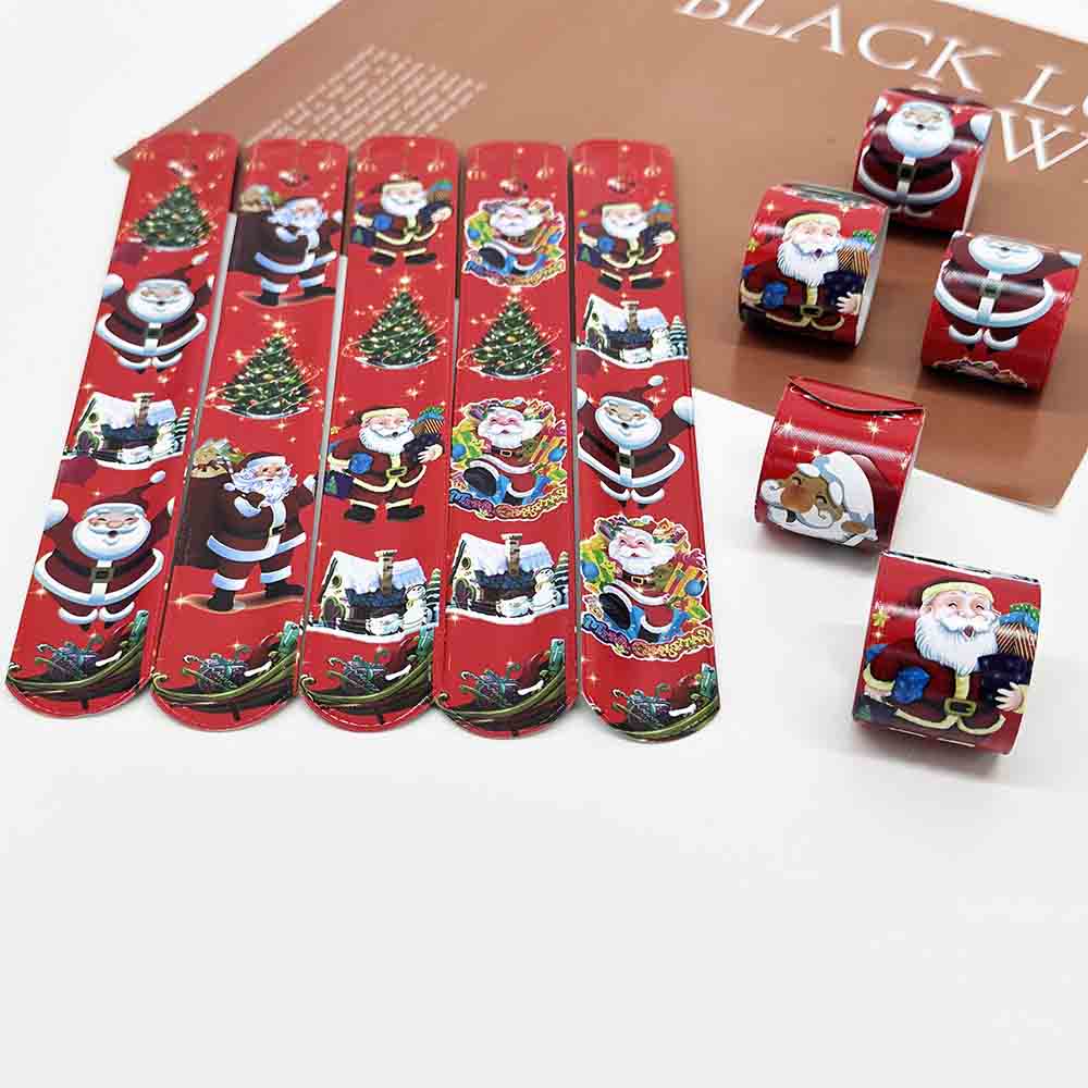 Fiasrel 12pcs Christmas Slap Bracelets Santa Claus Snowflake Elk Xmas Tree Print Pop Circle Toys Merry Christmas