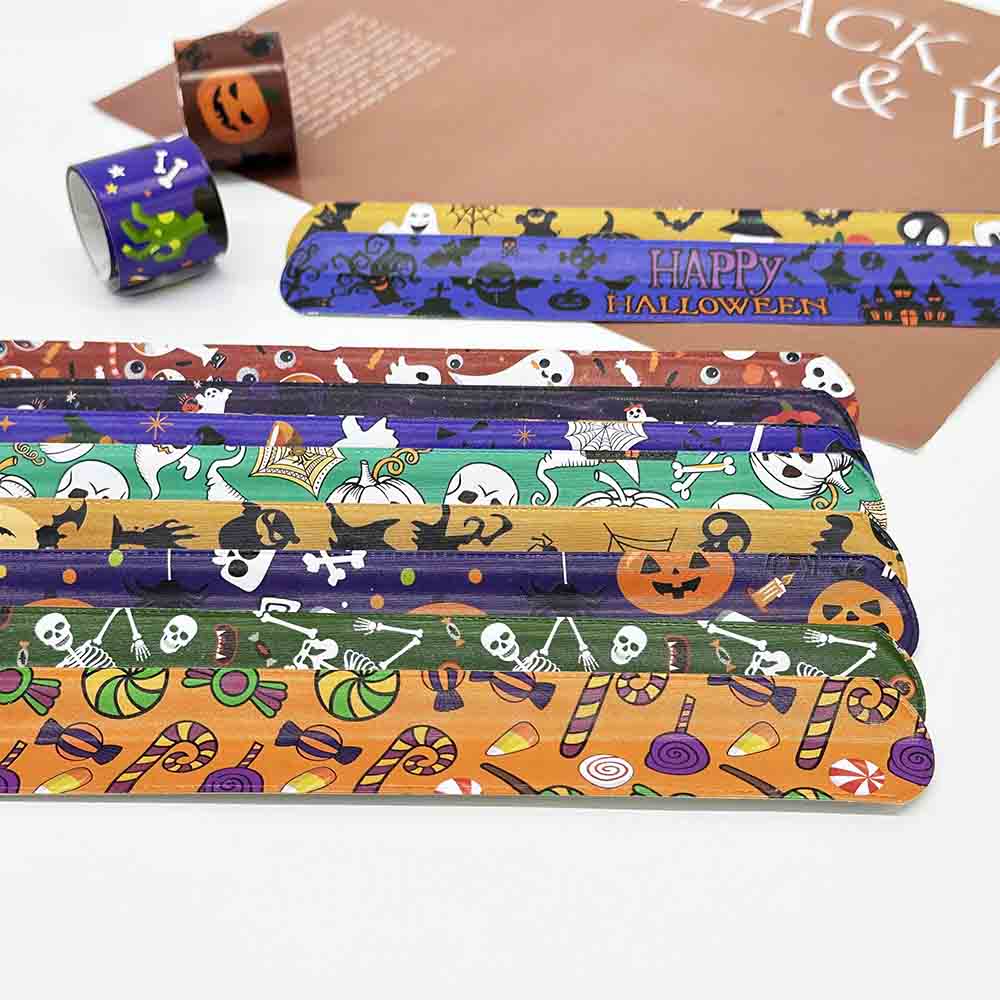 Fiasrel Halloween Slap Bracelets Spider Pumpkin Ghost Skull Zombie Bat Witches Snap Bracelet for Kids Party Favors Toys Prizes Halloween Pinata Goodie Bags Gifts Fillers For Girls Boys