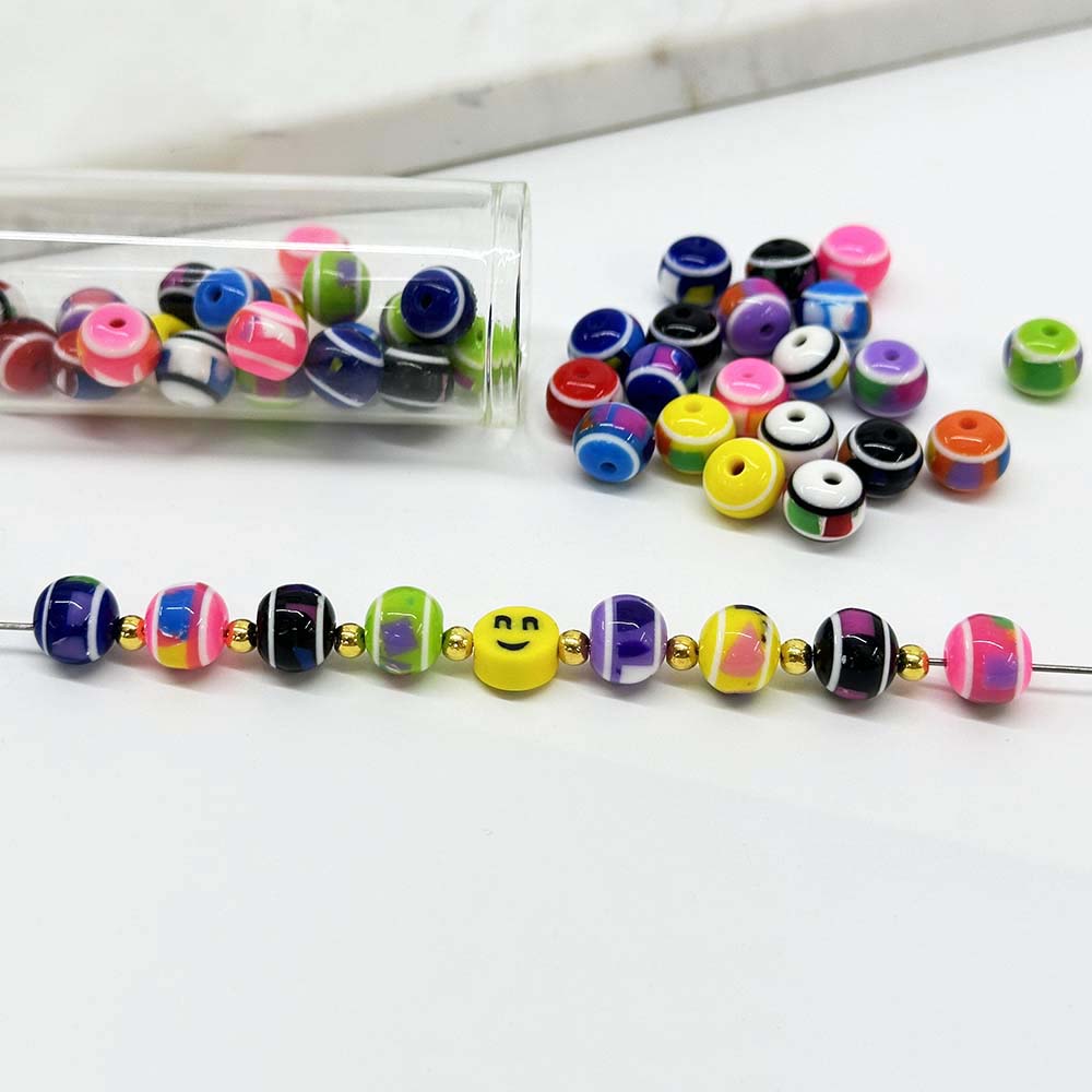 Fiasrel 50pcs 6/8/10mm Rainbow Round Shape Spacer Beads Mix Stripe Resin Beads for Or DIY Jewelry Making Crafts Supplies