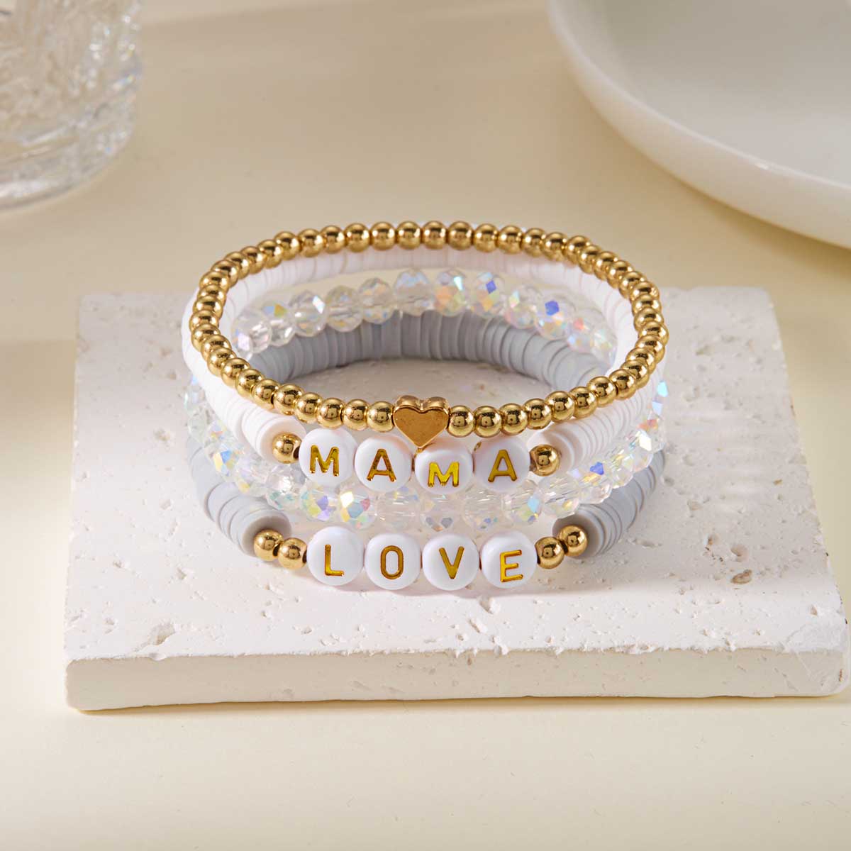 Fiasrel Mother's Day Gift Bohemian Style MAMA Pendant Clay Folded Bracelet Set 