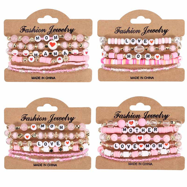 FiasrelMother's Day Bracelets Love Mom Heishi Bracelets Letters Beaded Stretchy Bracelet Boho Jewelry Gifts