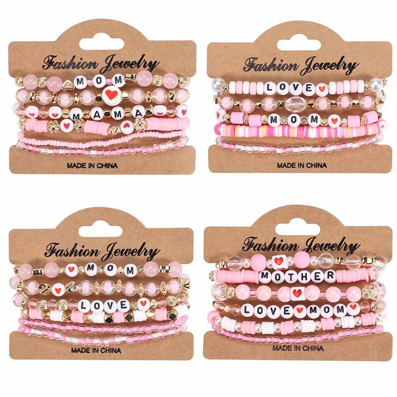 FiasrelMother's Day Bracelets Love Mom Heishi Bracelets Letters Beaded Stretchy Bracelet Boho Jewelry Gifts